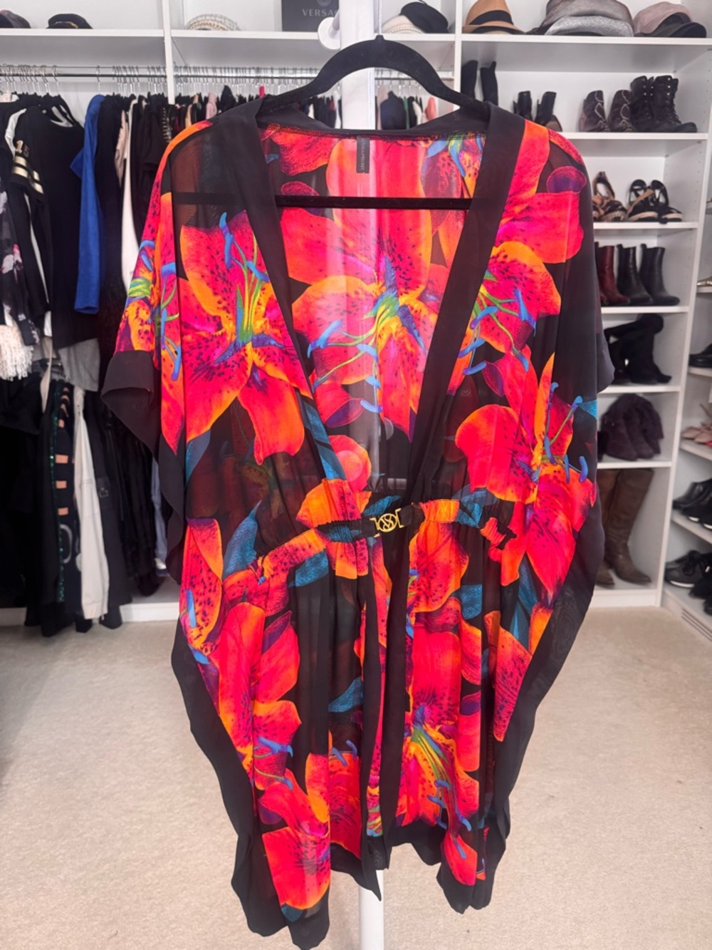 Vibrant Floral Kimono Cover-Up with Gold Accent